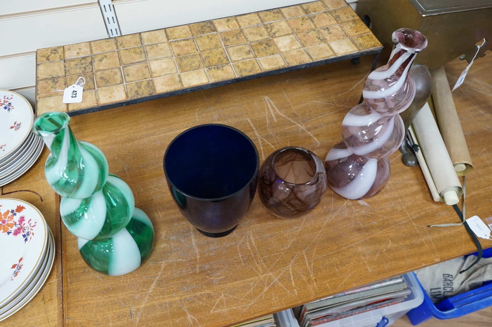 Two Italian Empoli glass bottles and two other vases, largest 40cm high. Condition - good